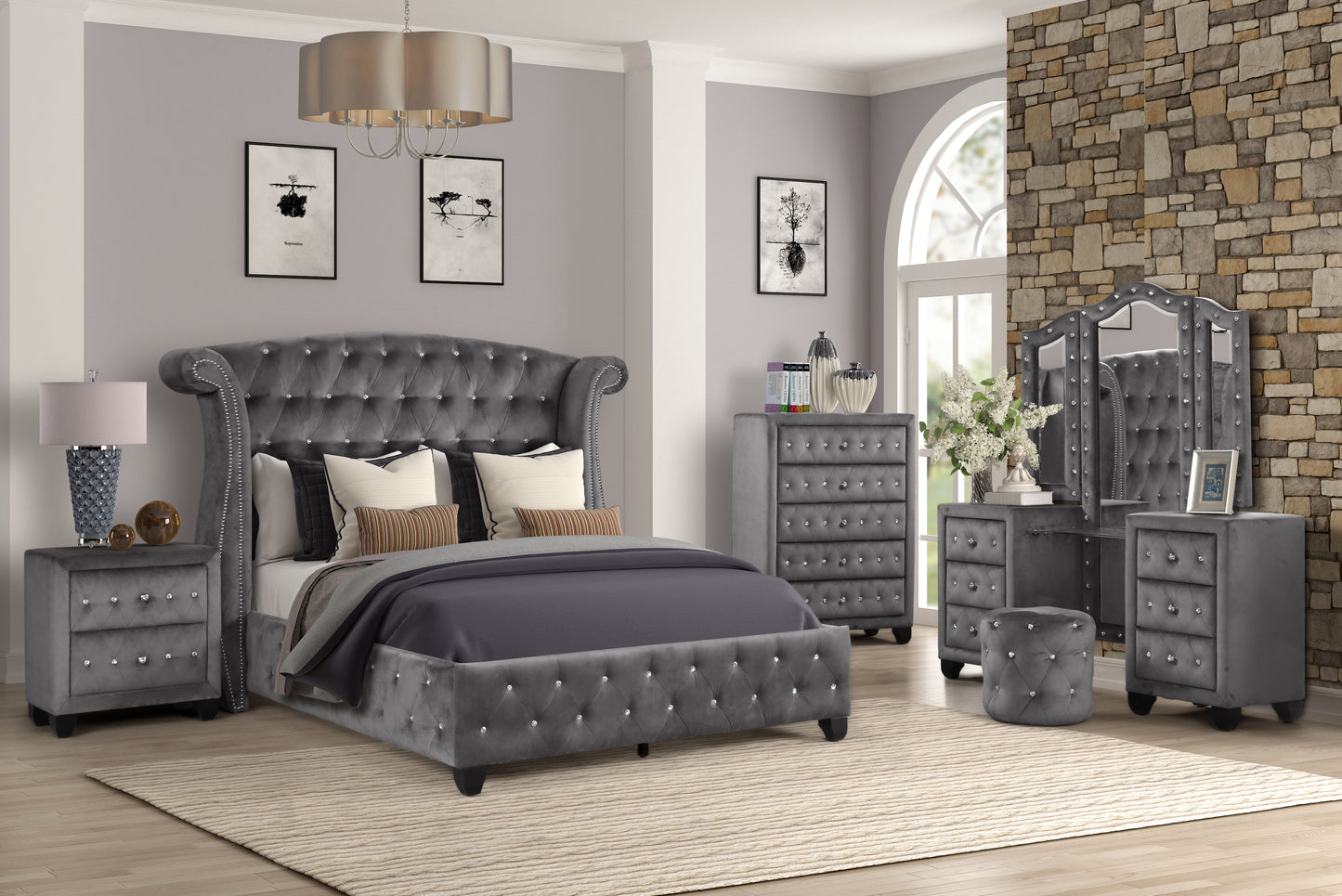 5-Piece Gray Wood Upholstered Bedroom Vanity Set for Stylish Home Decor - Ohberri