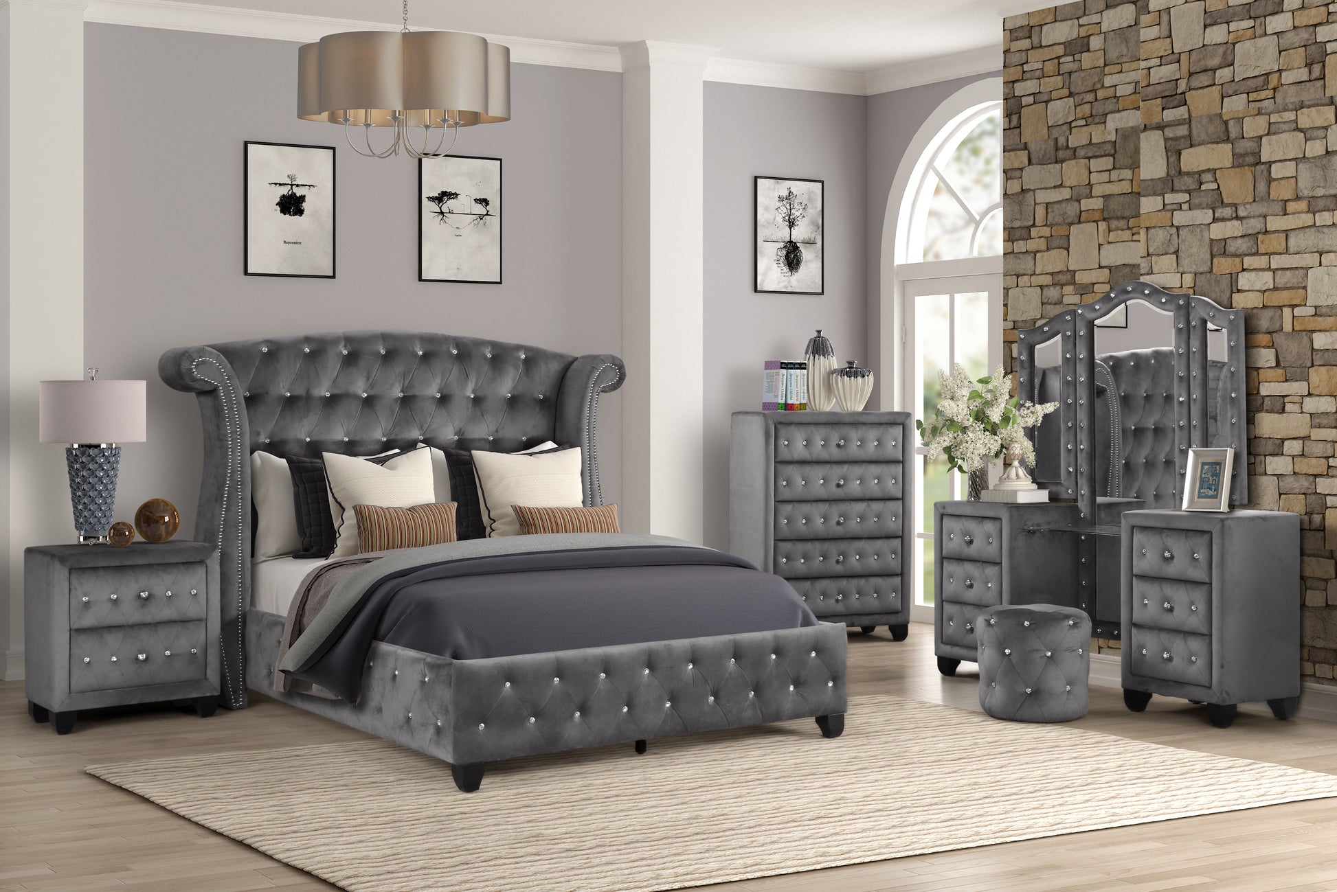 5-Piece Gray Wood Upholstered Bedroom Vanity Set for Stylish Home Decor - Ohberri