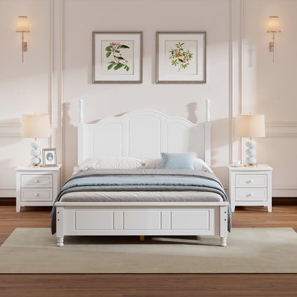 Full Size Wooden Platform Bed with 2 Nightstands, White 3-Piece Bedroom Set - Ohberri
