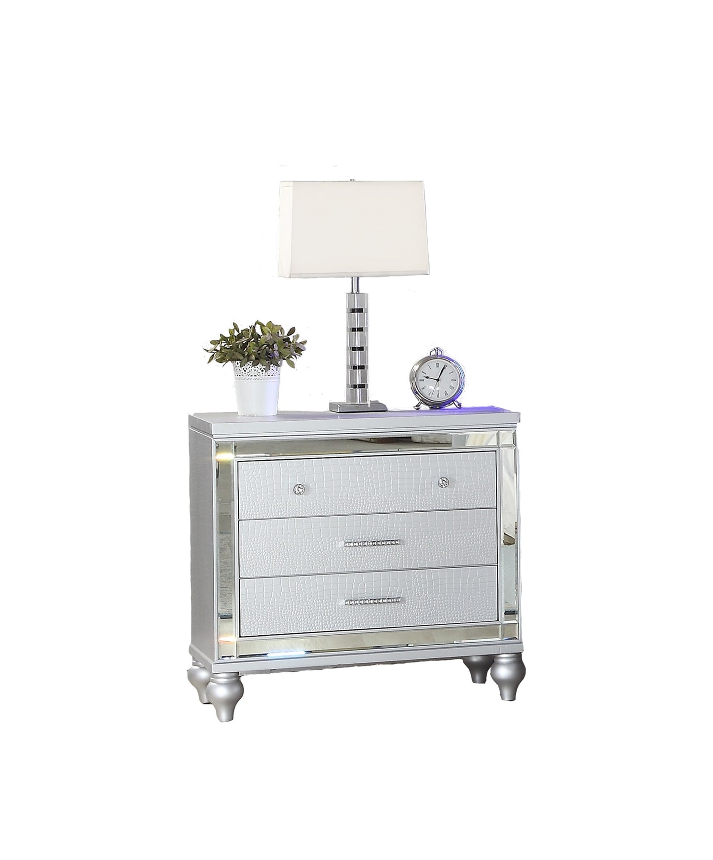 Modern Upholstery King 4-Piece Bedroom Set with Bed, Nightstand, Dresser, Mirror, and Fireplace in Blue Wood - Ohberri