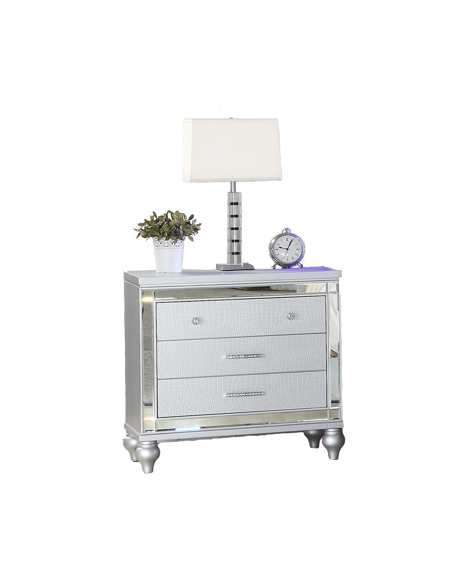 Modern Upholstery King 4-Piece Bedroom Set with Bed, Nightstand, Dresser, Mirror, and Fireplace in Blue Wood - Ohberri