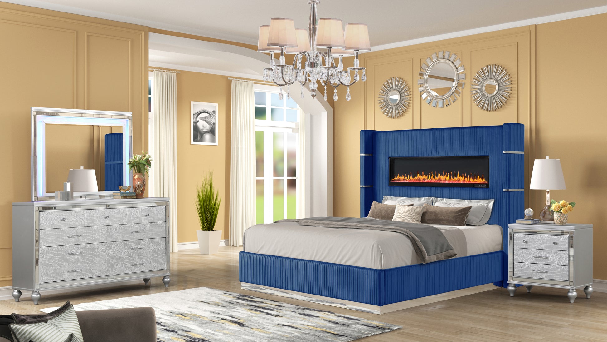 Modern Upholstery King 4-Piece Bedroom Set with Bed, Nightstand, Dresser, Mirror, and Fireplace in Blue Wood - Ohberri