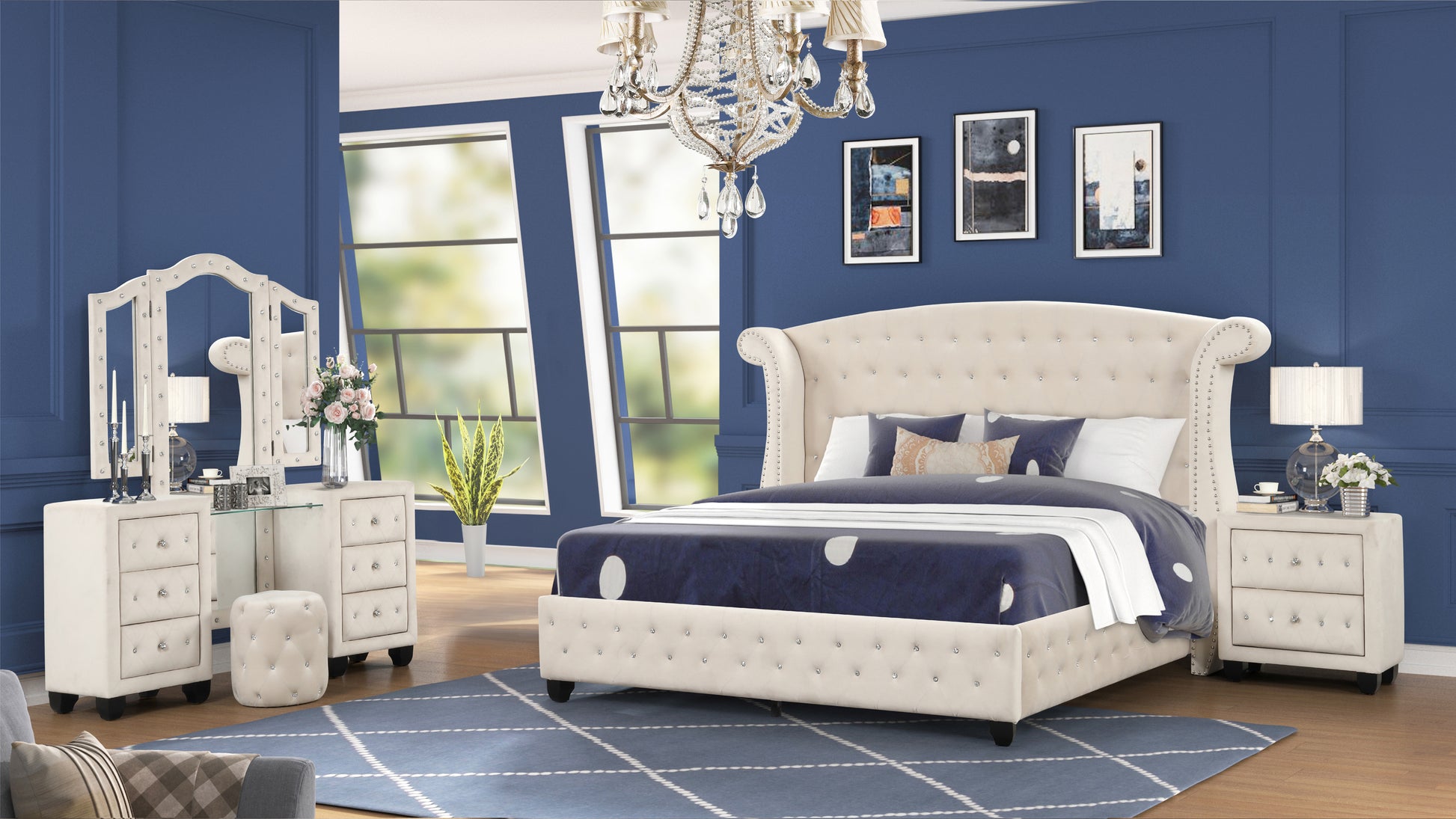 Upholstered Queen 4-Piece Vanity Bedroom Set, Crystal Tufted Design, Wooden Frame - Ohberri