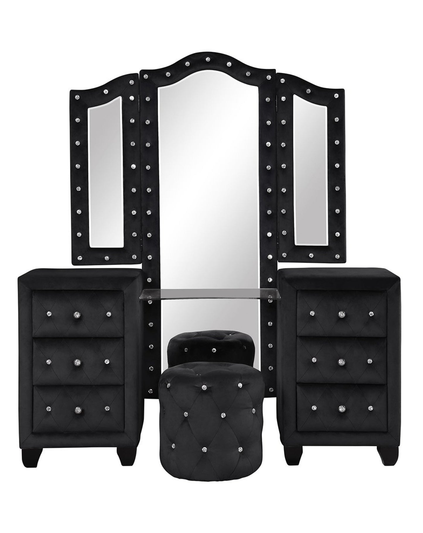 Black Queen Vanity Bedroom Set 5-Piece Wood Furniture with Crystal Tufting, Stylish and Elegant Design for Modern Decor - Ohberri