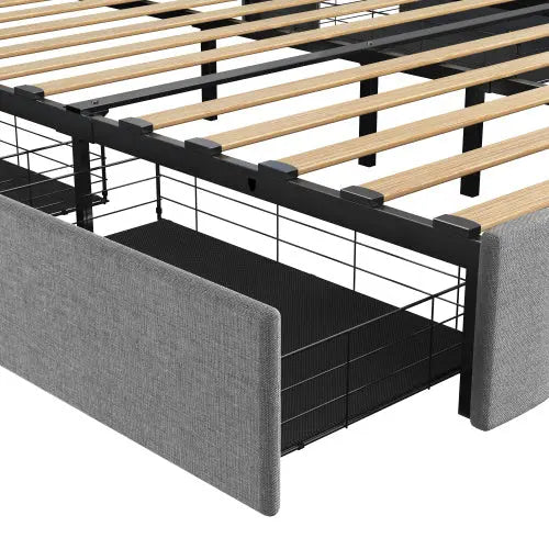Full Size Bed Frame With LED, 4 Under-bed Portable Storage Drawers, Wings Headboard Design, Light Grey My Store