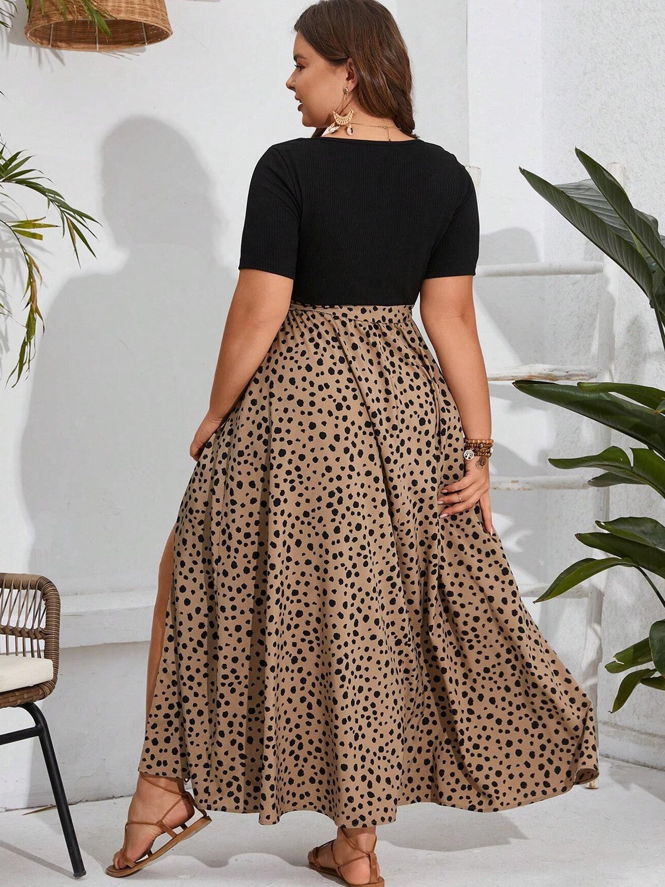 Women's Plus Size Side-Slit Summer Spliced Print Elegant Dress With Short Sleeves And Belt Inkedjoy