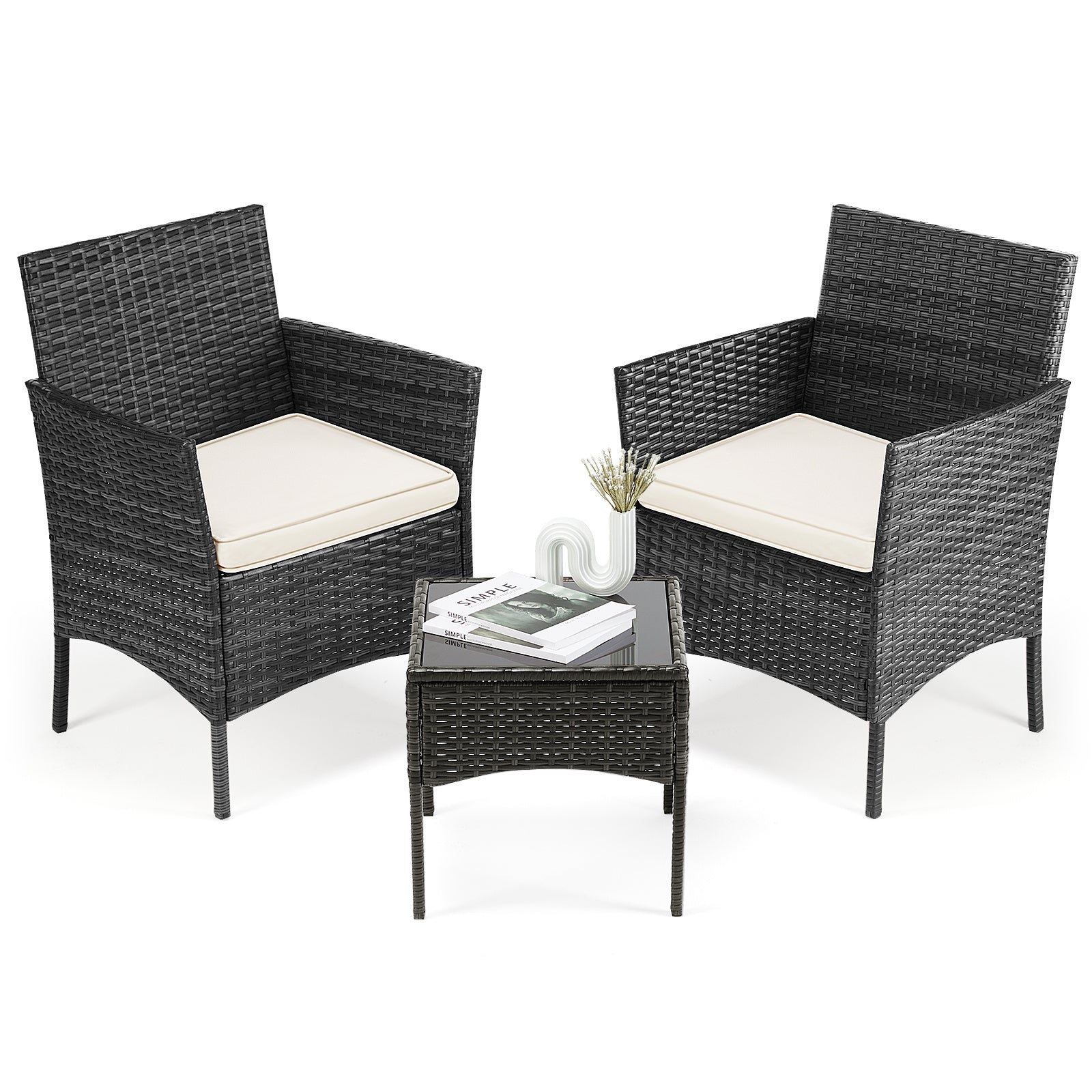4 Pieces, Outdoor Furniture With Glass Table, Weaving Wicker Rattan Patio Chairs Inkedjoy