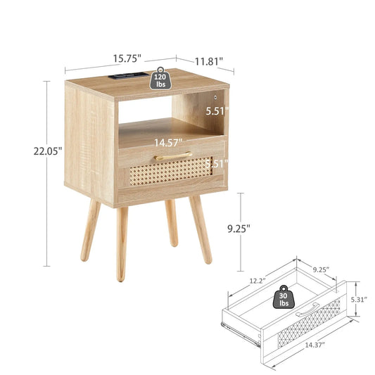 15.75  Rattan End Table With Power Outlet, USB Ports, Drawer   Solid Wood My Store