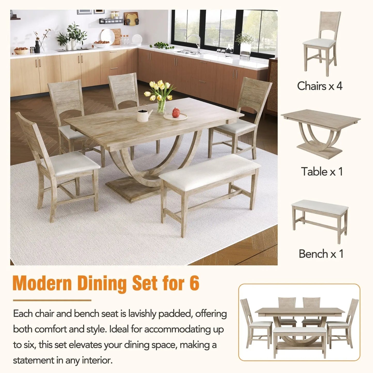 TOPMAX 6-Piece Wood Half Round Dining Table Set With Long Bench & 4 Chairs My Store