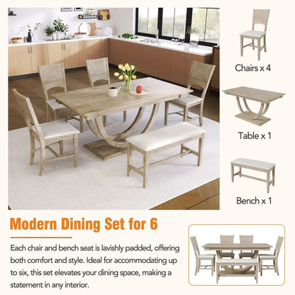 TOPMAX 6-Piece Wood Half Round Dining Table Set With Long Bench & 4 Chairs My Store