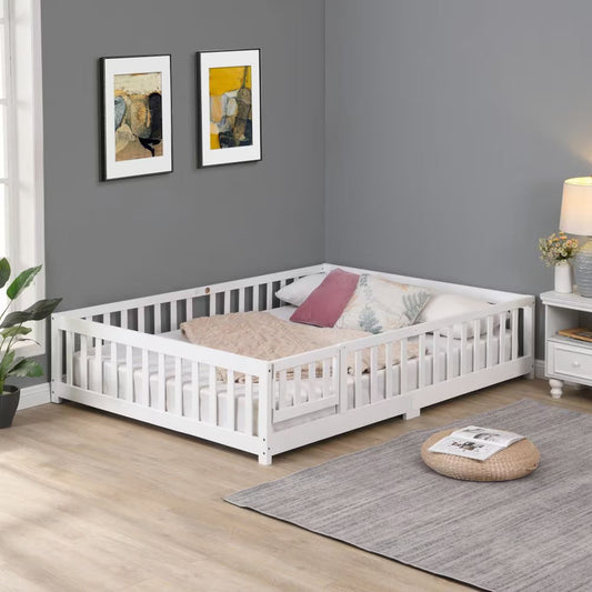 Twin Size Floor Bed With Door,Solid Wood Platform Bed Frame With Fence,Suitable For Children,Pine Wood, My Store