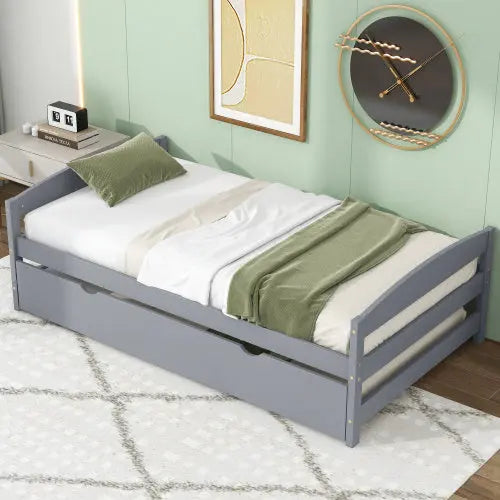 Twin Size Platform Bed With Twin Size Trundle, Gray My Store