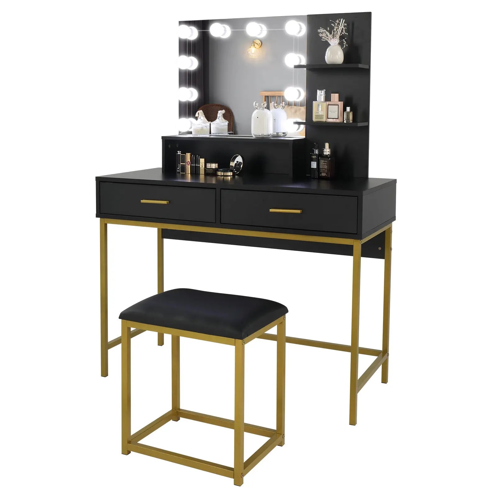 Black, Particleboard, Steel Frame, Two-drawer, Three-tier Shelf, Dressing Table Set, Three-tone Light, Light Luxury My Store
