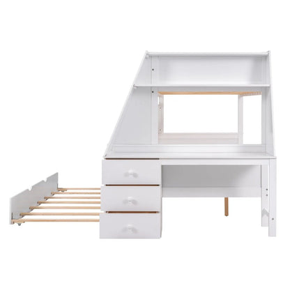 Twin Full Bunk Bed W  Trundle, Desk, 3 Drawers   Shelf - White My Store