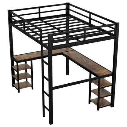 Full XL Metal Loft Bed With Desk And Shelves, Loft Bed With Ladder And Guardrails-Black My Store