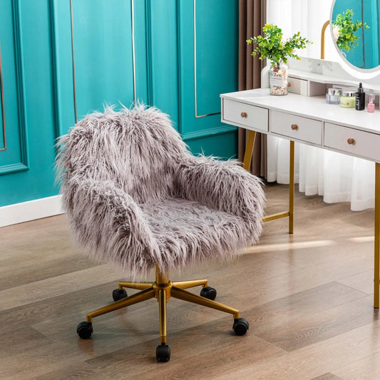 HengMing Faux Fur Office Chair, Fluffy Girls Makeup Vanity Chair With Gold Pl My Store
