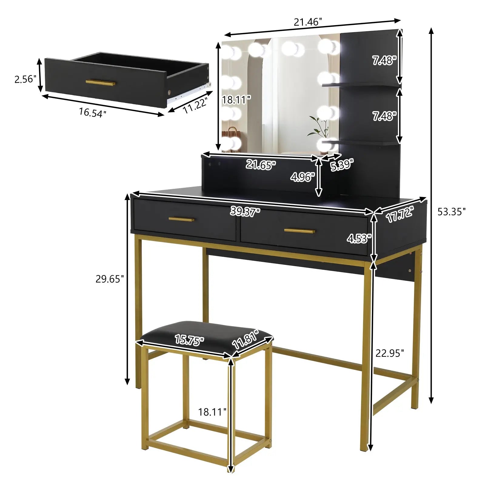 Black, Particleboard, Steel Frame, Two-drawer, Three-tier Shelf, Dressing Table Set, Three-tone Light, Light Luxury My Store