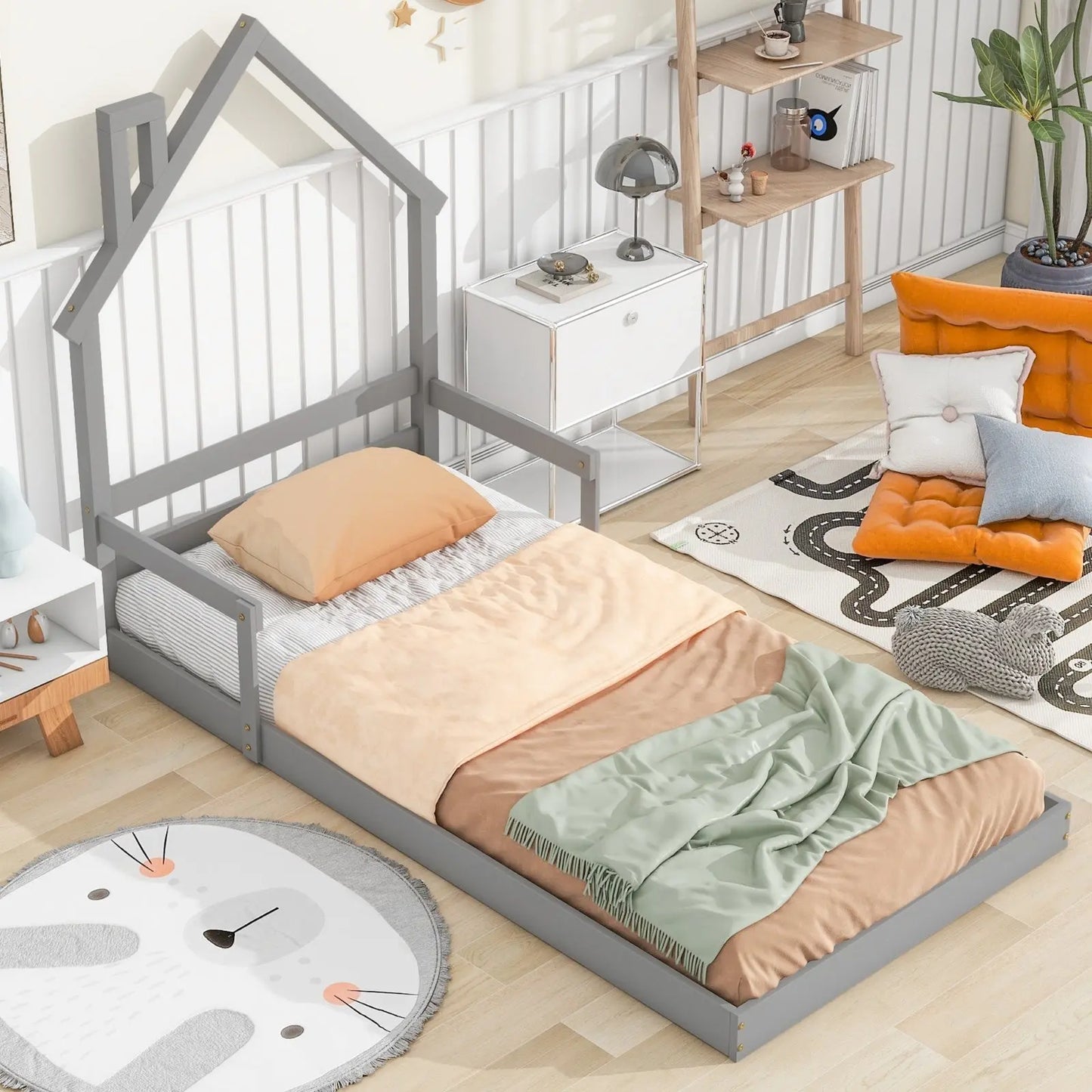 Twin House-Shaped Headboard Floor Bed With Handrails ,slats,Grey My Store