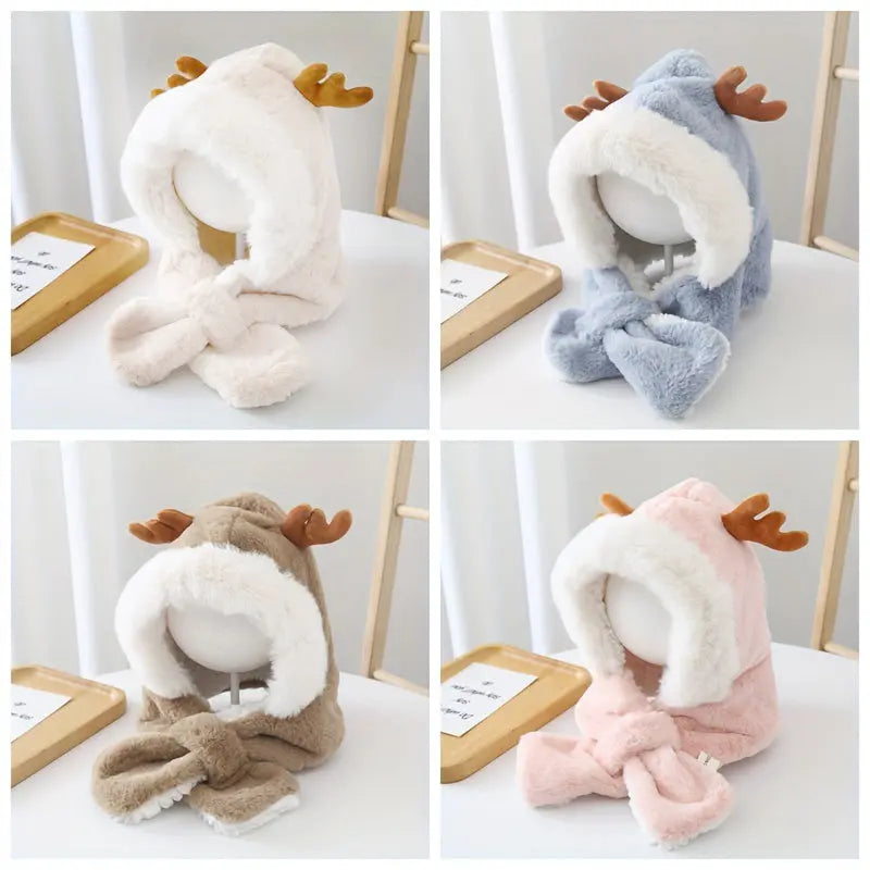 Cute Deer Hat Women Plush Rabbit Ear Funny Lolita Sweet Kawaii Winter Fluffy Fleece Warm Hat Plush Winter Thickened Cute Antlers Baby Hat With Scarf For 5-10 Y Children My Store