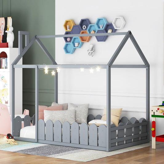Twin Size Wood House Bed Frame With Fence For Kids, Teens - No Slats My Store