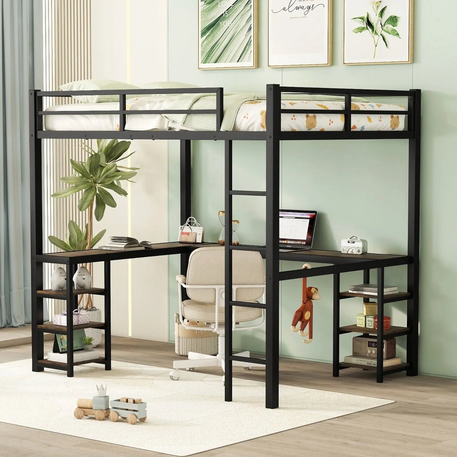 Full Metal Loft Bed With Desk And Shelves, Loft Bed With Ladder And Guardrails- Black My Store