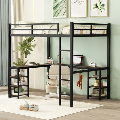 Full Metal Loft Bed With Desk And Shelves, Loft Bed With Ladder And Guardrails- Black My Store