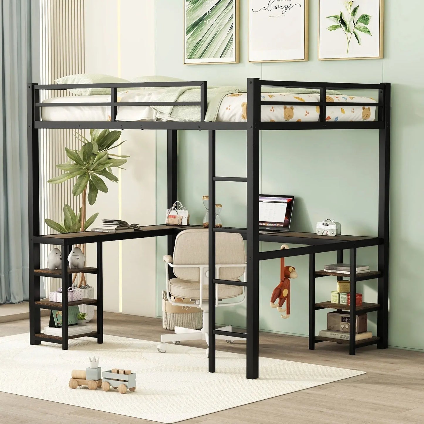 Full Metal Loft Bed With Desk And Shelves, Loft Bed With Ladder And Guardrails- Black My Store