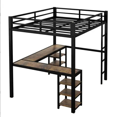 Full Metal Loft Bed With Desk And Shelves, Loft Bed With Ladder And Guardrails, Loft Bed Frame For Bedroom My Store