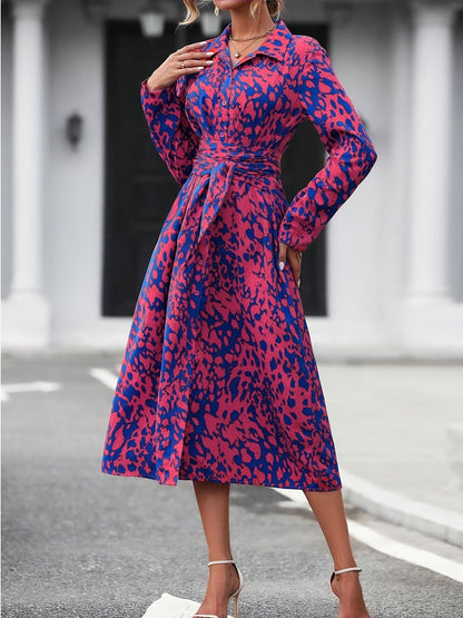 Women's Long-Sleeved All-Over Leopard Print Belted Shirt Dress - Casual Maxi Dress Inkedjoy