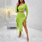 Women's Long Sleeve Round Neck Pleated Dress Suit - Solid Color Elegant Ruffle Outfit Inkedjoy