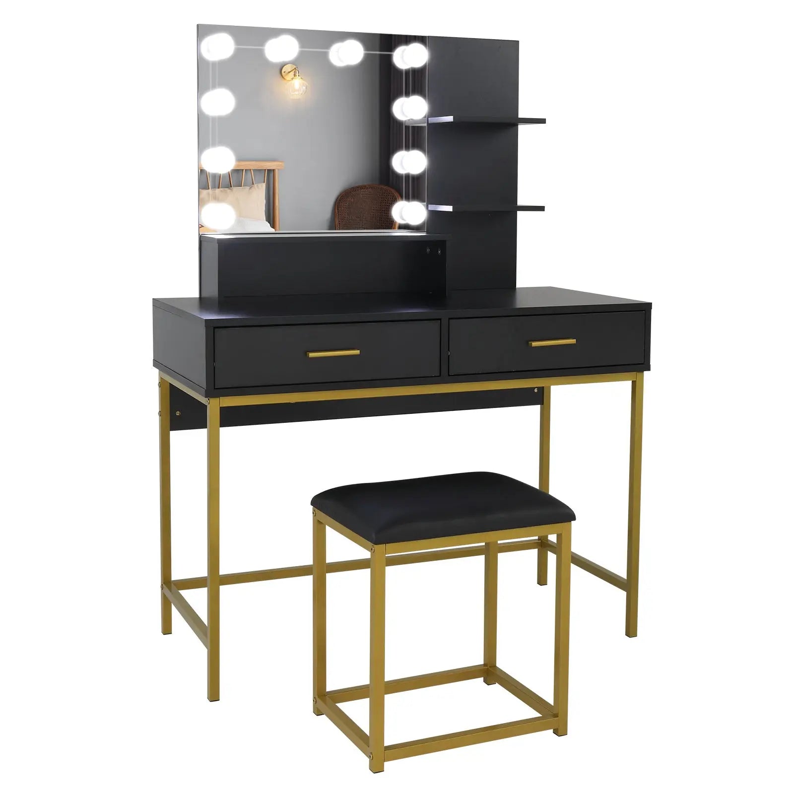 Black, Particleboard, Steel Frame, Two-drawer, Three-tier Shelf, Dressing Table Set, Three-tone Light, Light Luxury My Store