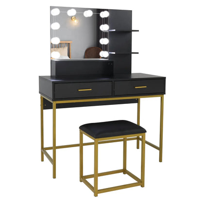 Black, Particleboard, Steel Frame, Two-drawer, Three-tier Shelf, Dressing Table Set, Three-tone Light, Light Luxury My Store
