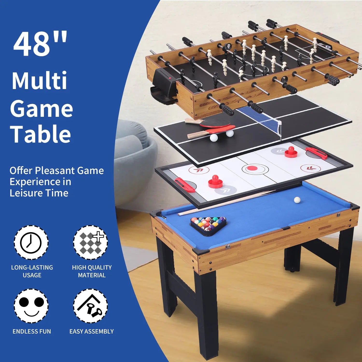 48in Folding Portable Combination Game Table  Set With Ping Pong, Air Hockey, Pool Billiards For Kids And Adults, Indoor And Outdoor Games My Store
