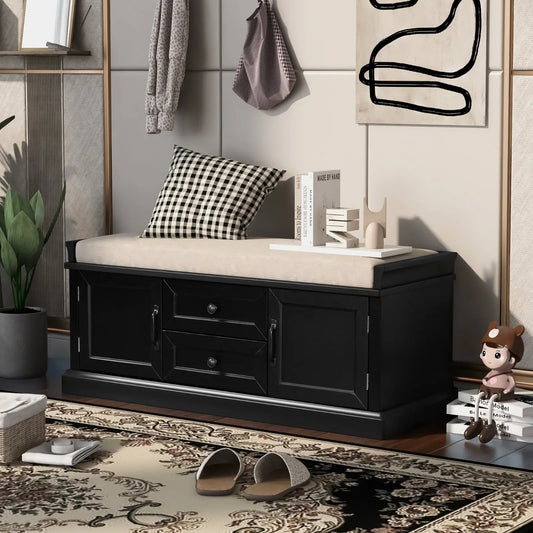 Storage Bench With Drawers, Cabinets & Removable Cushion For Living Room My Store