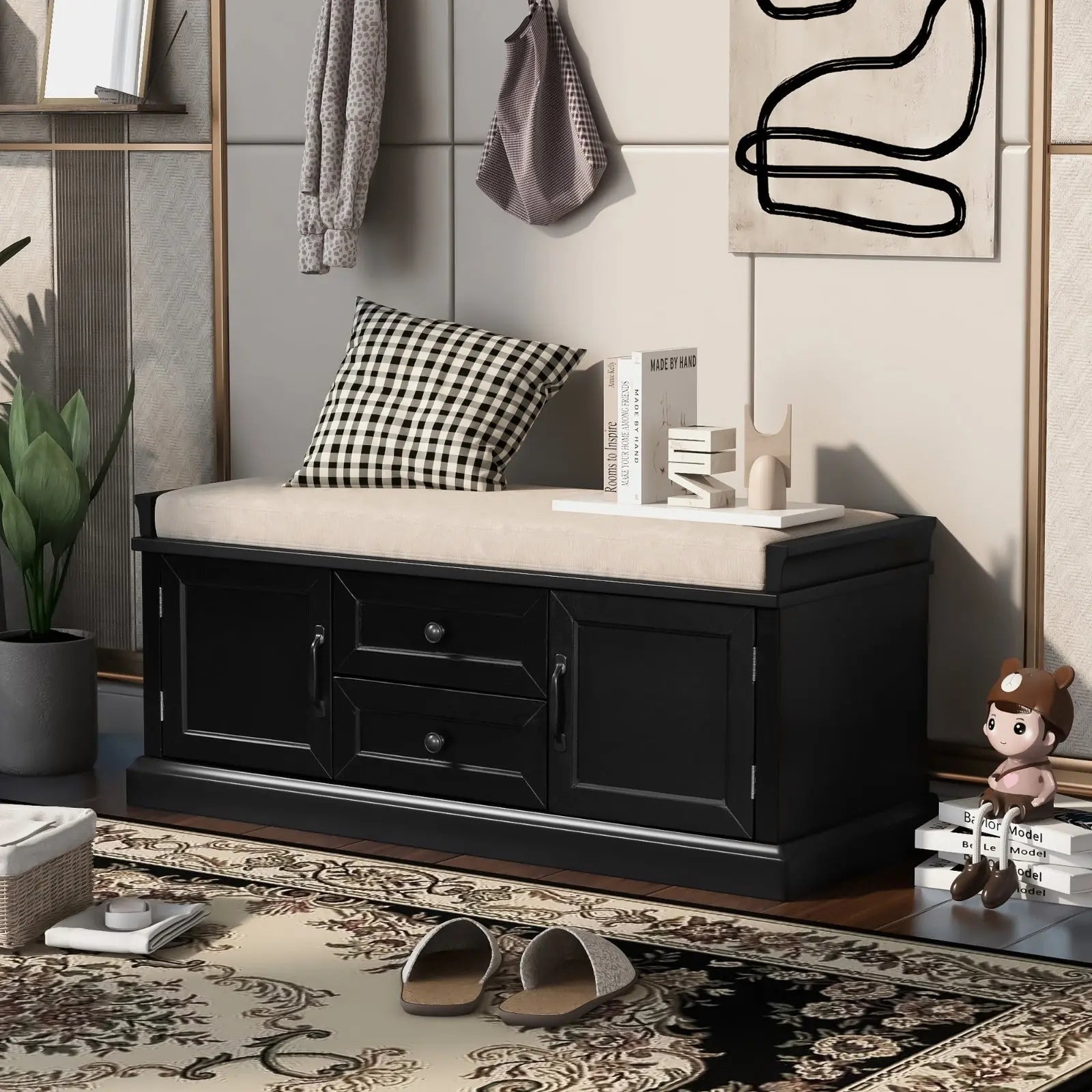 Storage Bench With Drawers, Cabinets & Removable Cushion For Living Room My Store