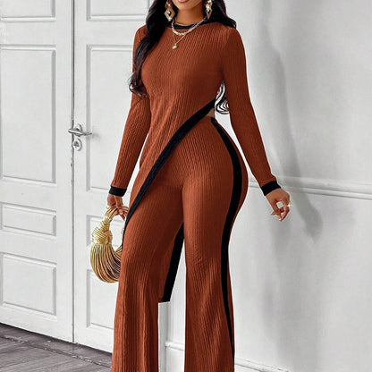 Women's 2 Piece Outfit Sexy Asymmetrical Hem Long Sleeve Top And Wide Leg Pants Sets Elegant Vacation Going Out Suit Inkedjoy