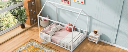 Full Size Metal House Bed With Fence And Door, White My Store