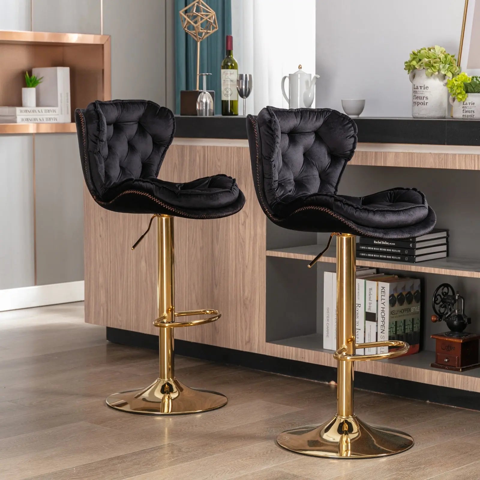 Set Of 2 Bar Stools Chrome Base, Swivel, Adjustable Height, Velvet My Store