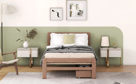 Modern Design Twin Size Platform Bed Frame With 2 Drawers For Walnut Color My Store