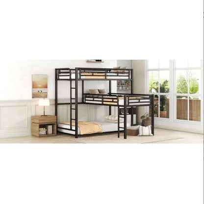 L-shaped Metal Triple Twin Size Bunk Bed, Black My Store