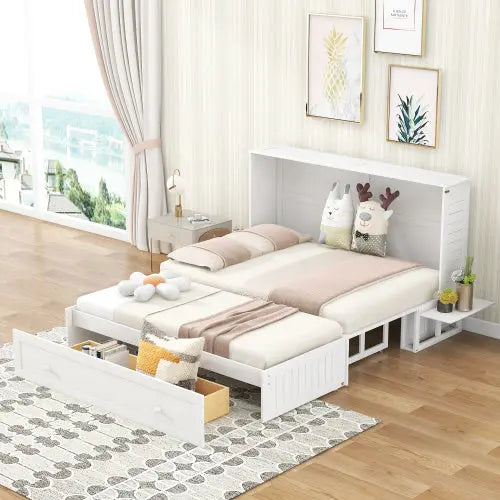 Queen Size Mobile Murphy Bed With Drawer And Little Shelves On Each Side,White My Store