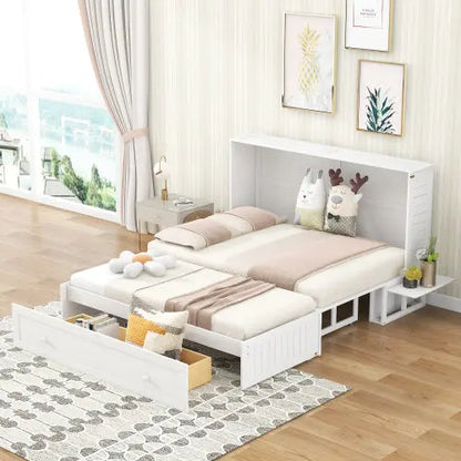 Queen Size Mobile Murphy Bed With Drawer And Little Shelves On Each Side,White My Store