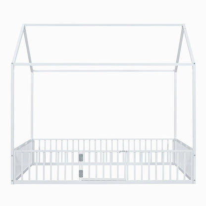Full Size Metal House Bed With Fence And Door, White My Store