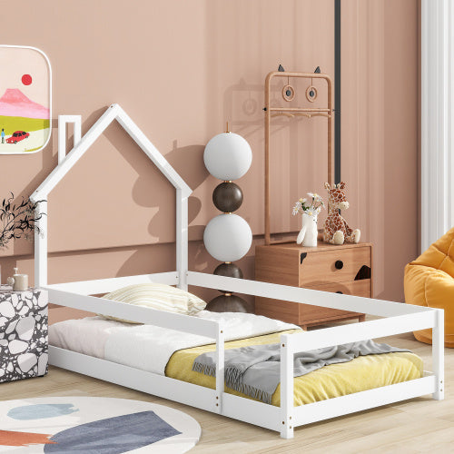 Twin Size Wood Bed With House-shaped Headboard Floor Bed With Fences,White My Store
