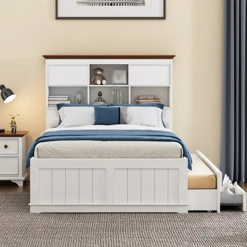 Solid Pine Captain Bookcase Bed With Trundle Bed And 3 Spacious Under Bed Drawers In Casual,Full, White Walnut My Store