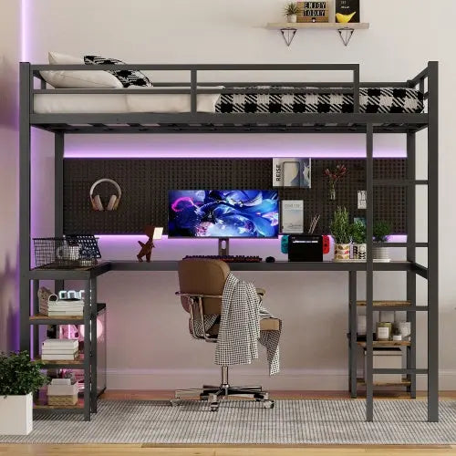 Full XL Metal Loft Bed With Desk And Shelves, Loft Bed With Ladder And Guardrails-Black My Store