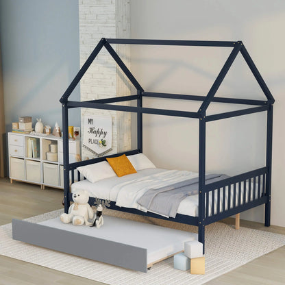 NAVY BLUE HOUSE FULL BED WITH TRUNDLE OF GREY COLOR My Store