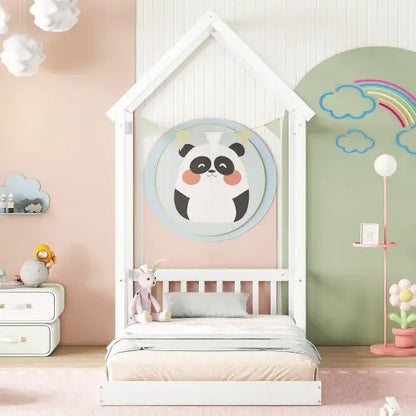 Twin House-shaped Roof Headboard Floor Bed,,without Slats,White My Store