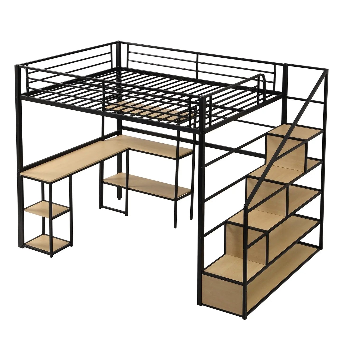 Full Size Metal Loft Bed With Staircase, Built-in Desk And Shelves, Black My Store