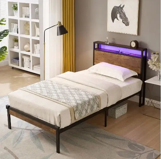 Twin Size Metal Platform Bed Frame With Wooden Headboard And Footboard With USB LINER My Store